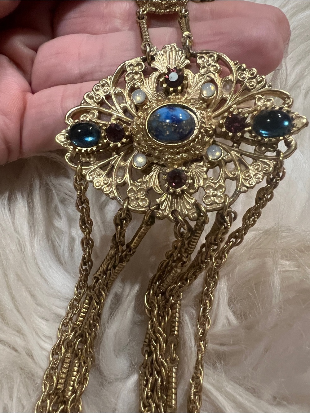 Gold Filigree Brooch Pin Blue Gemstones Cabochons and Pink Dangle Teardrops